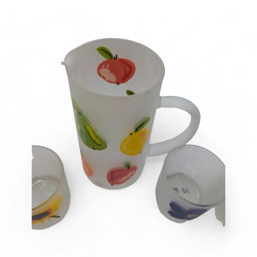 Dartington Spring Time Flowers Frosted Rocks Glass Pitcher & 3 Cups France